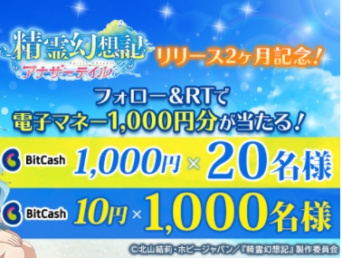 SNS/Twitterでビットキャッシュ10円分が9500名、500円分が500名に当たる。～1/9。
