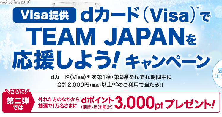 dカード（Visa）で2000円以上利用でVisa北京2022冬季オリンピック・オリジナルグッズが4000名、3000dポイントが抽選で1万名に当たる。～2/28。