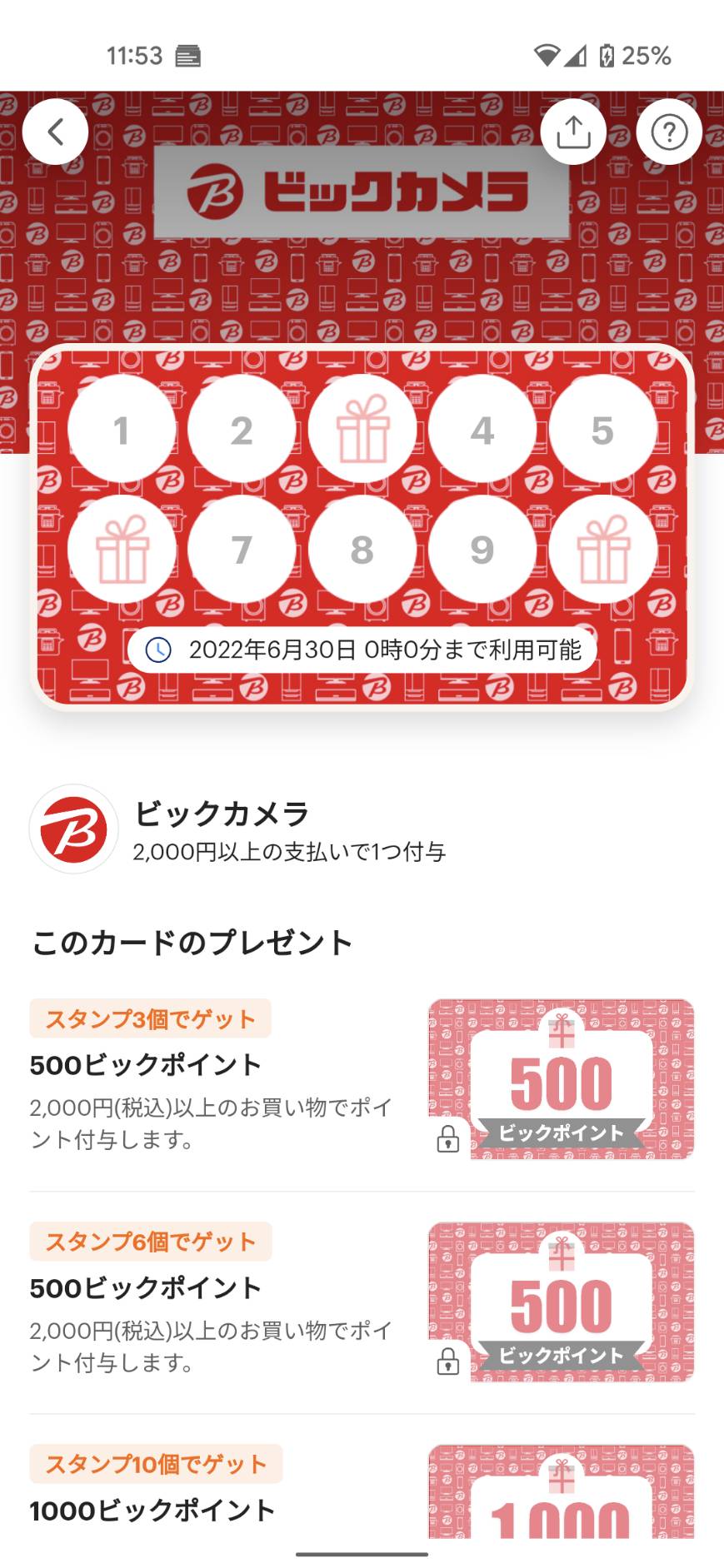 PayPayスタンプカードでビックカメラで2000円以上×3回買い物をすると500ポイントが貰える。～6/29。