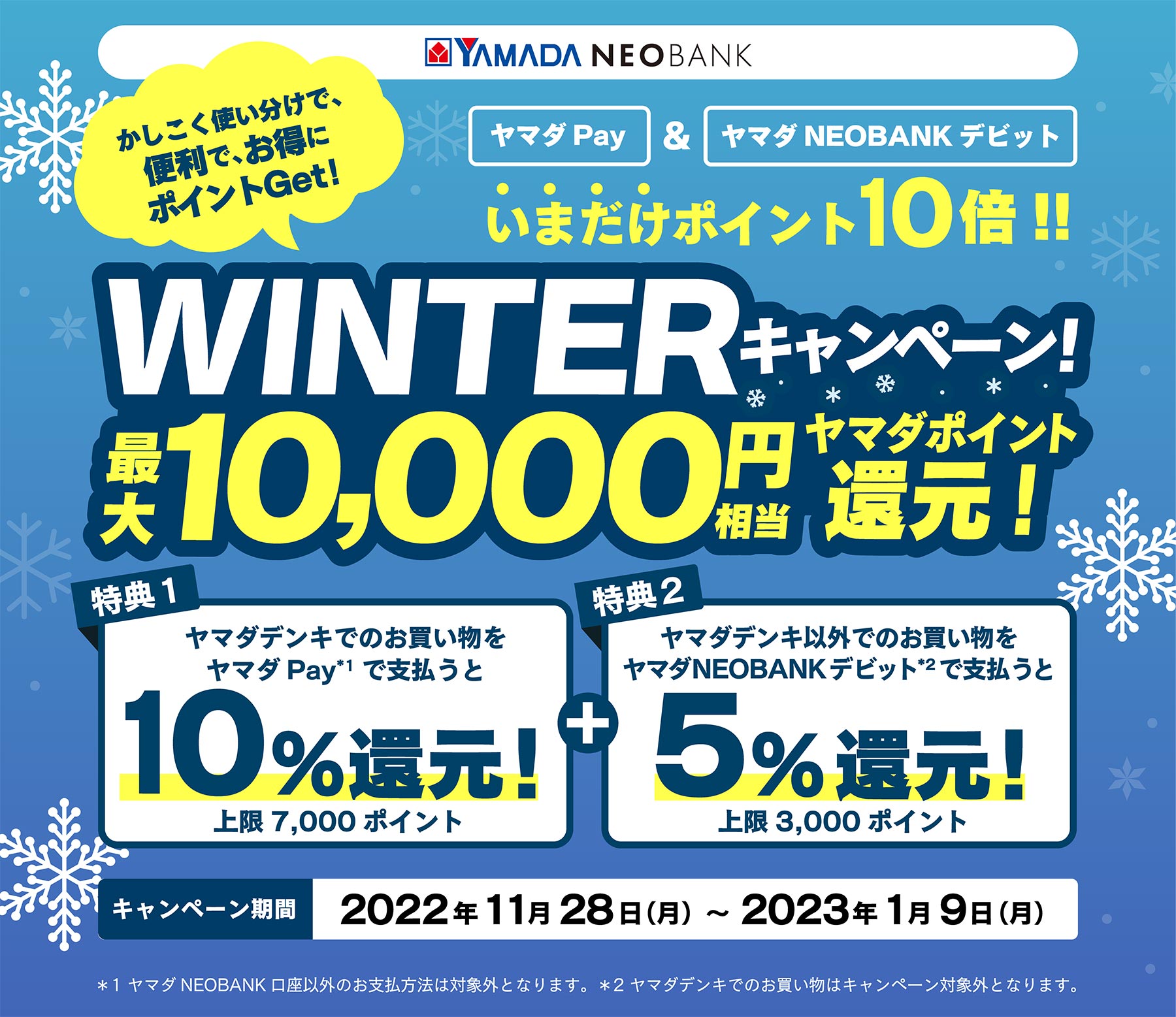 ヤマダPay＆NEOBANK デビットで5％～20％還元へ。ヤマダ電機以外での