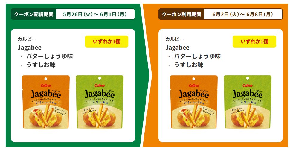 カルビー Jagabee バターしょうゆ味・うすしお味いずれかを1個買うと、同商品いずれかが1個無料。